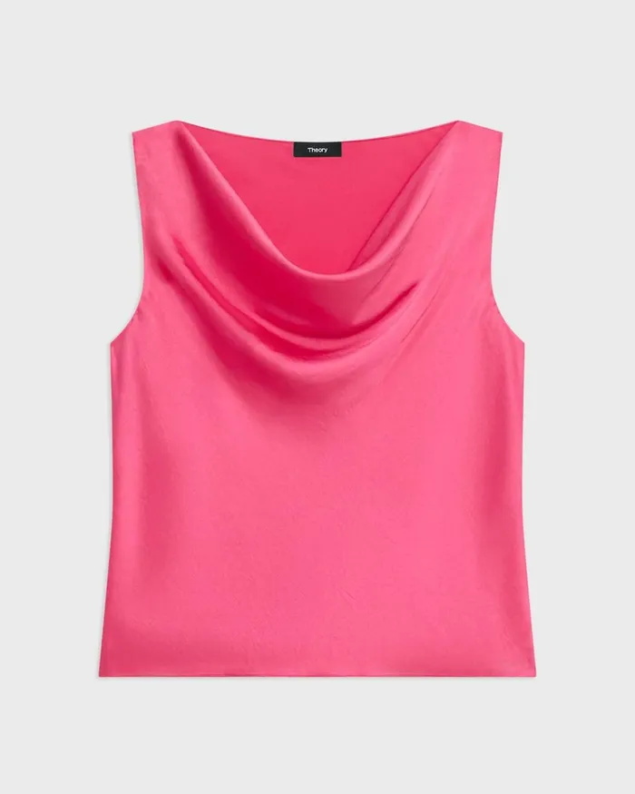 Women Theory Tops Cowl Neck Top In Crushed Satin Pink Azalea