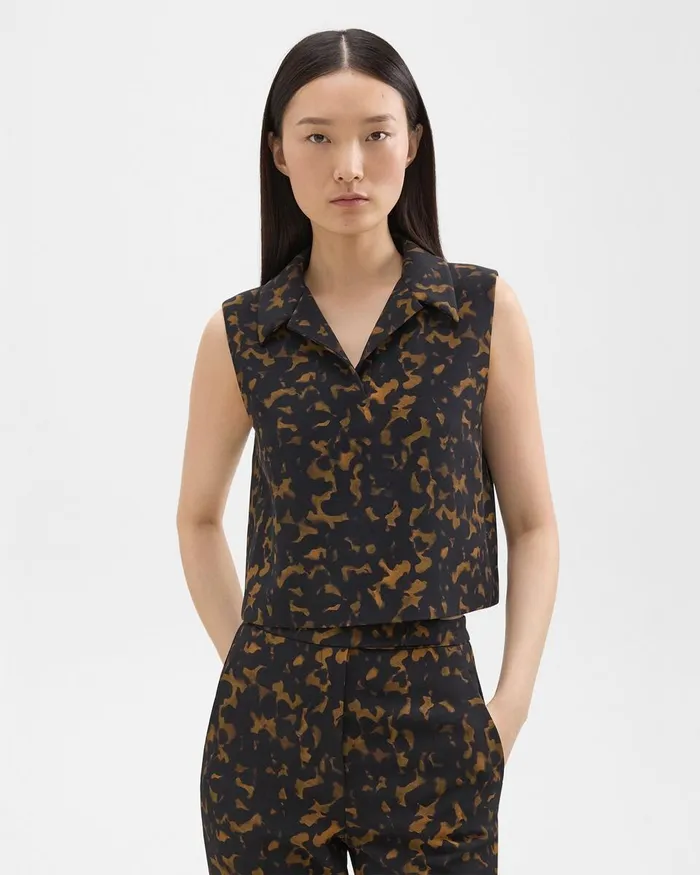 Women Theory Tops Cropped Sleeveless Polo In Tortoiseshell Printed Crepe Dark Brown Multi Women Theory Tops Cropped Sleeveless Polo In Tortoiseshell Printed Crepe Dark Brown Multi