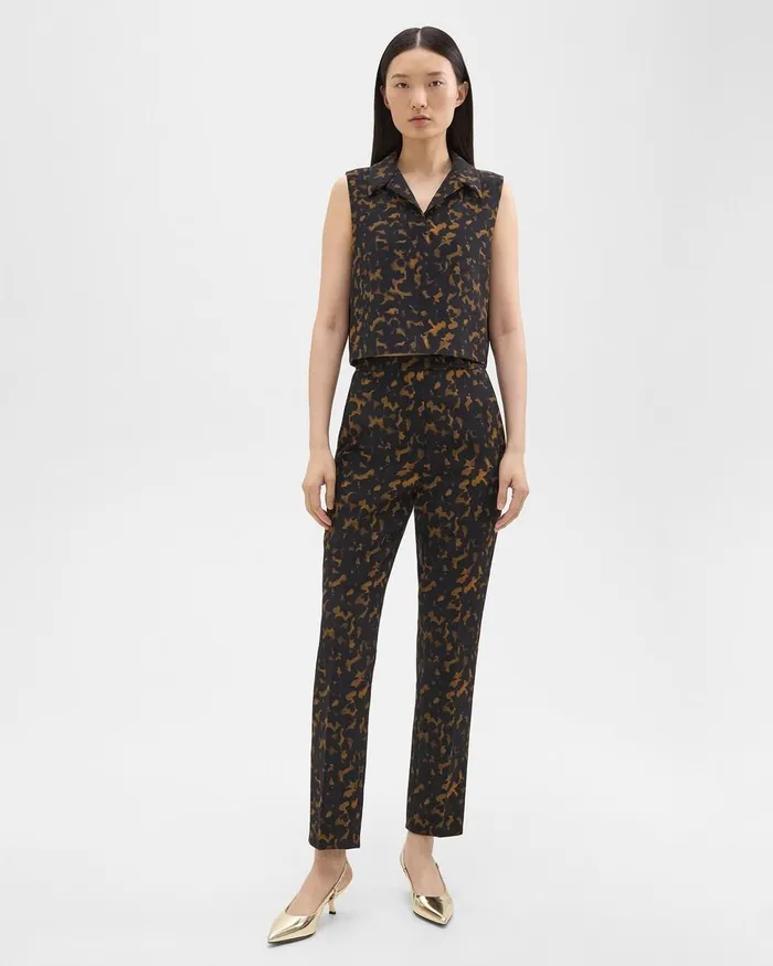 Women Theory Tops Cropped Sleeveless Polo In Tortoiseshell Printed Crepe Dark Brown Multi