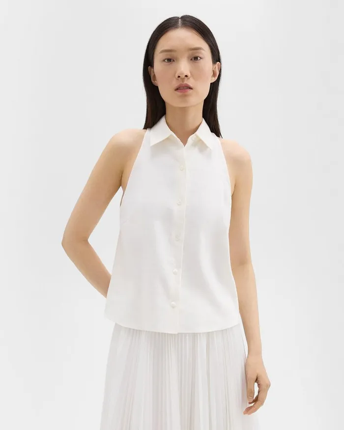 Women Theory Tops Halter Neck Shirt In LinenViscose Ivory