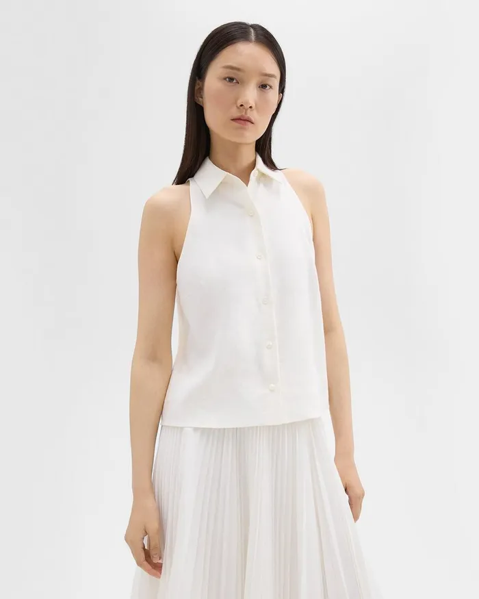 Women Theory Tops Halter Neck Shirt In LinenViscose Ivory