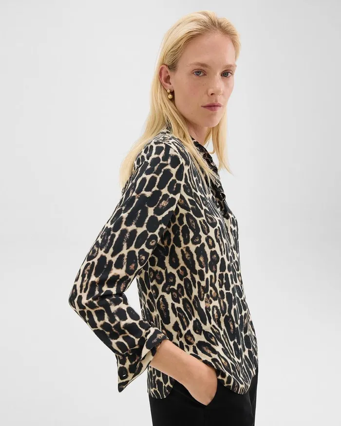 Women Theory Tops Straight Shirt In Recycled Leopard Print Georgette Beige Multi