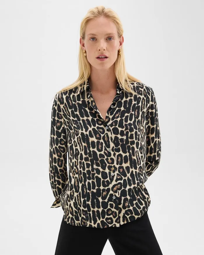 Women Theory Tops Straight Shirt In Recycled Leopard Print Georgette Beige Multi