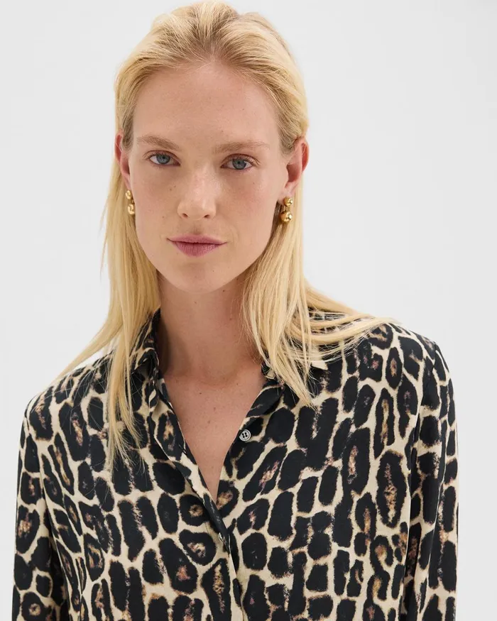 Women Theory Tops Straight Shirt In Recycled Leopard Print Georgette Beige Multi