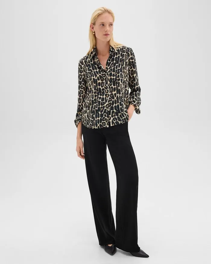 Women Theory Tops Straight Shirt In Recycled Leopard Print Georgette Beige Multi