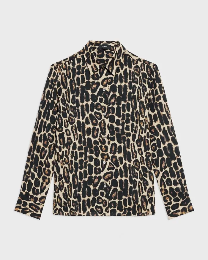 Women Theory Tops Straight Shirt In Recycled Leopard Print Georgette Beige Multi