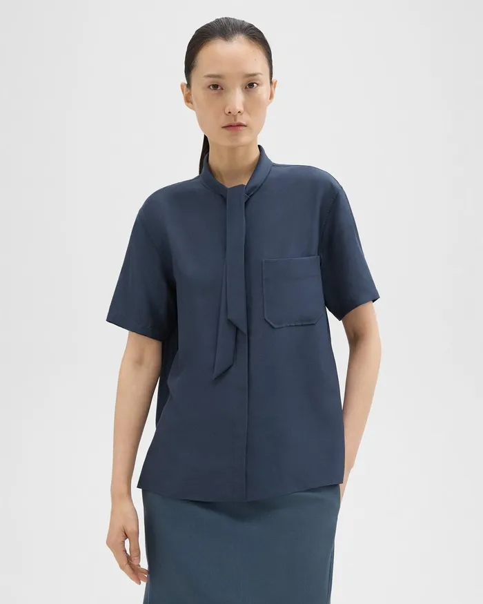 Women Theory Tops Tie Neck Silk Shirt Eclipse