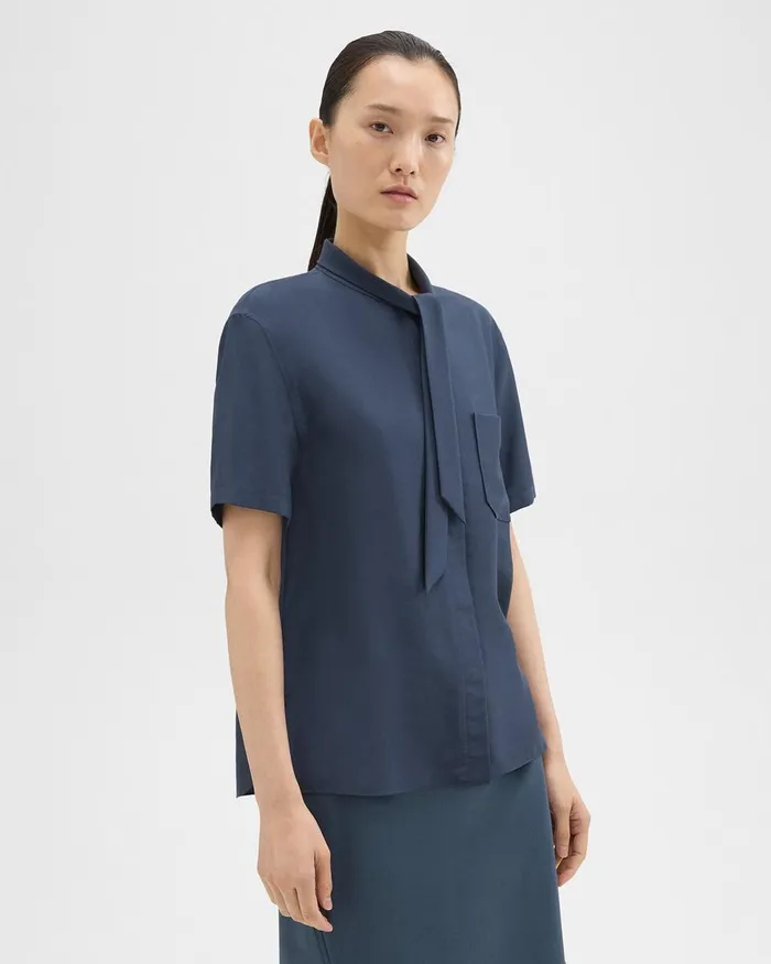 Women Theory Tops Tie Neck Silk Shirt Eclipse