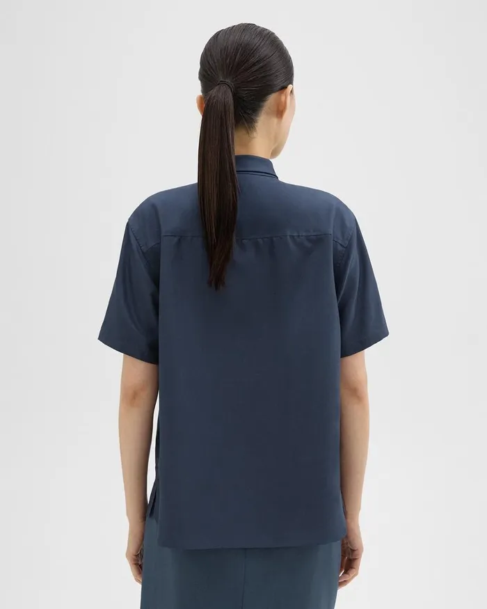 Women Theory Tops Tie Neck Silk Shirt Eclipse