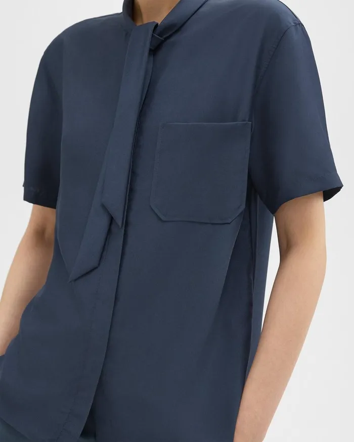Women Theory Tops Tie Neck Silk Shirt Eclipse