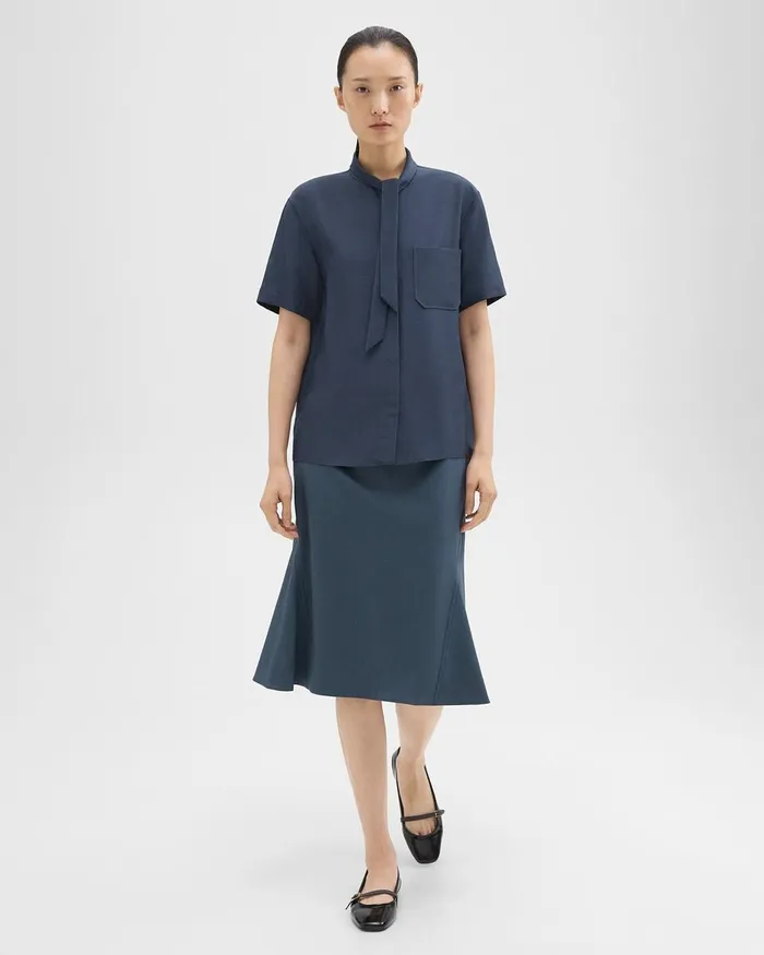 Women Theory Tops Tie Neck Silk Shirt Eclipse