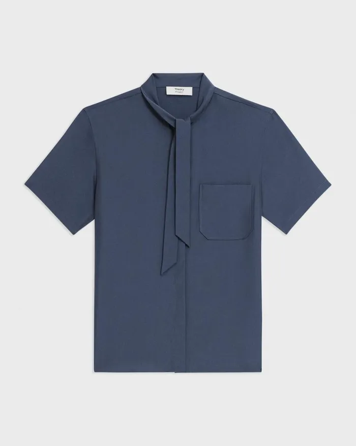 Women Theory Tops Tie Neck Silk Shirt Eclipse