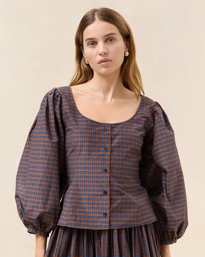 Women Tops Loeffler Randall Isa NavyRust Plaid Blouse