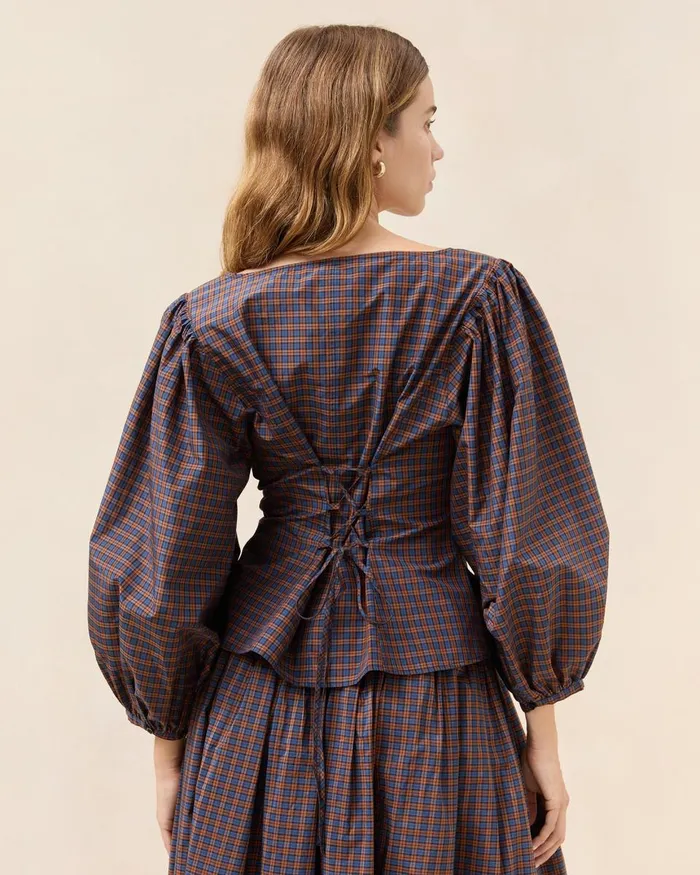 Women Tops Loeffler Randall Isa NavyRust Plaid Blouse Women Tops Loeffler Randall Isa NavyRust Plaid Blouse