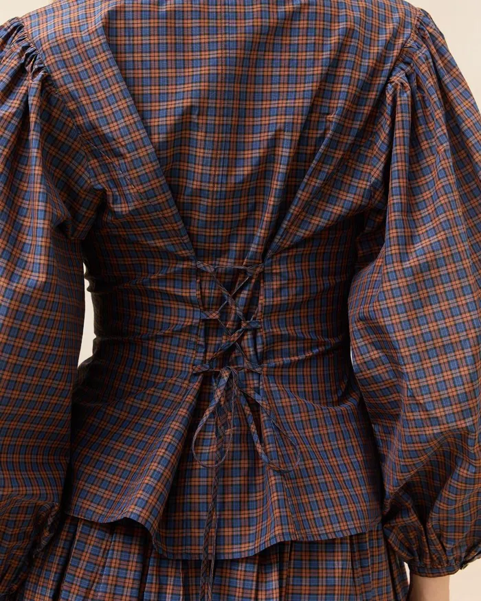 Women Tops Loeffler Randall Isa NavyRust Plaid Blouse Women Tops Loeffler Randall Isa NavyRust Plaid Blouse