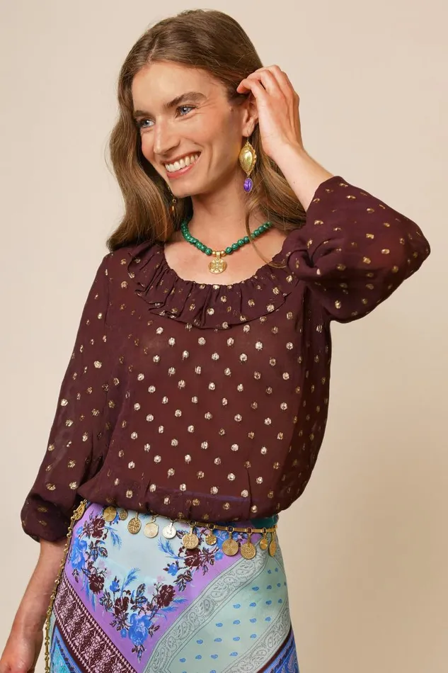 Women Tops RIXO Alora Chocolate Lurex Spot
