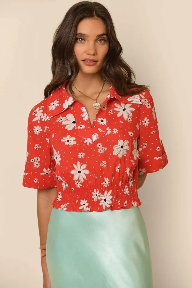 Women Tops RIXO Bina Red Polka Dot Daisy