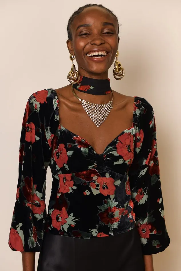 Women Tops RIXO Bridgette Black Poppy Burnout