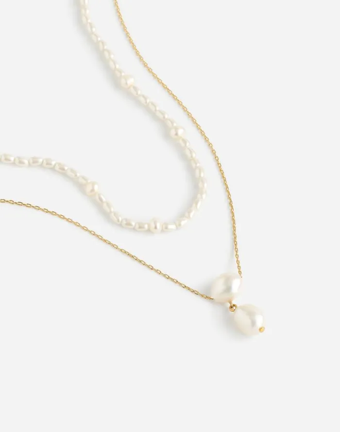 Women TwoPack Pearl Crystal Necklace Set Vintage Gold Madewell Jewelry