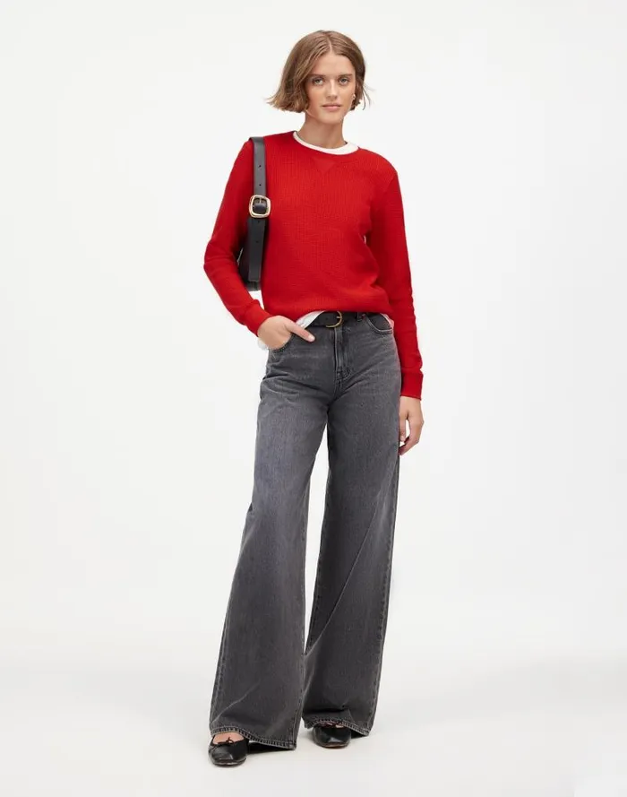 Women WaffleKnit Raglan Tee Bright Cherry Madewell Sweaters