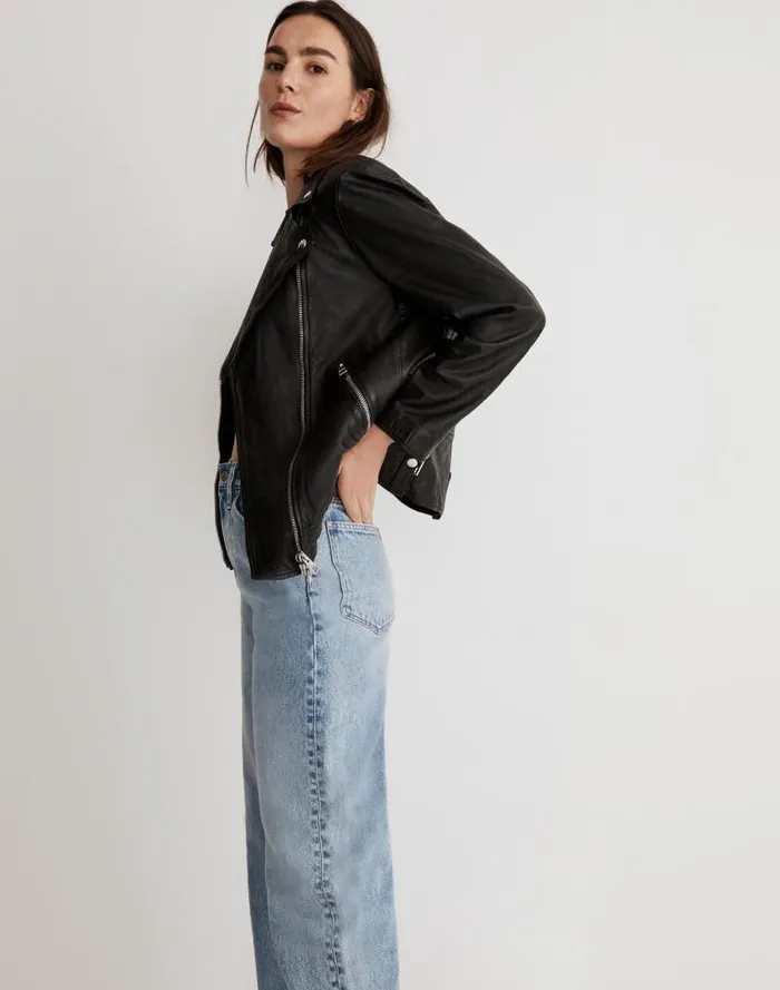 Women Washed Leather Oversized Motorcycle Jacket True Black Madewell Coats Jackets