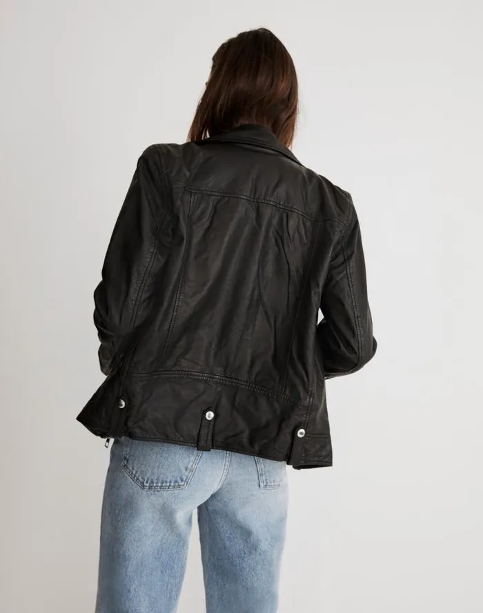 Women Washed Leather Oversized Motorcycle Jacket True Black Madewell Coats Jackets