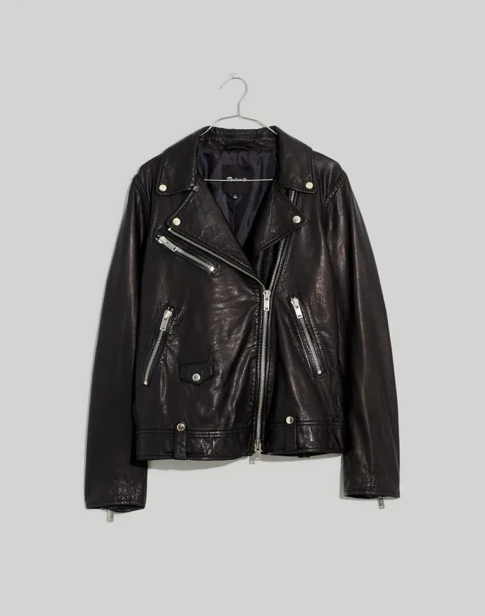 Women Washed Leather Oversized Motorcycle Jacket True Black Madewell Coats Jackets