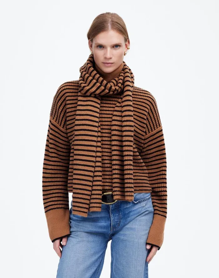 Women Wool WaffleKnit Scarf In Stripe Hthr Caramel Stripe Madewell Scarves