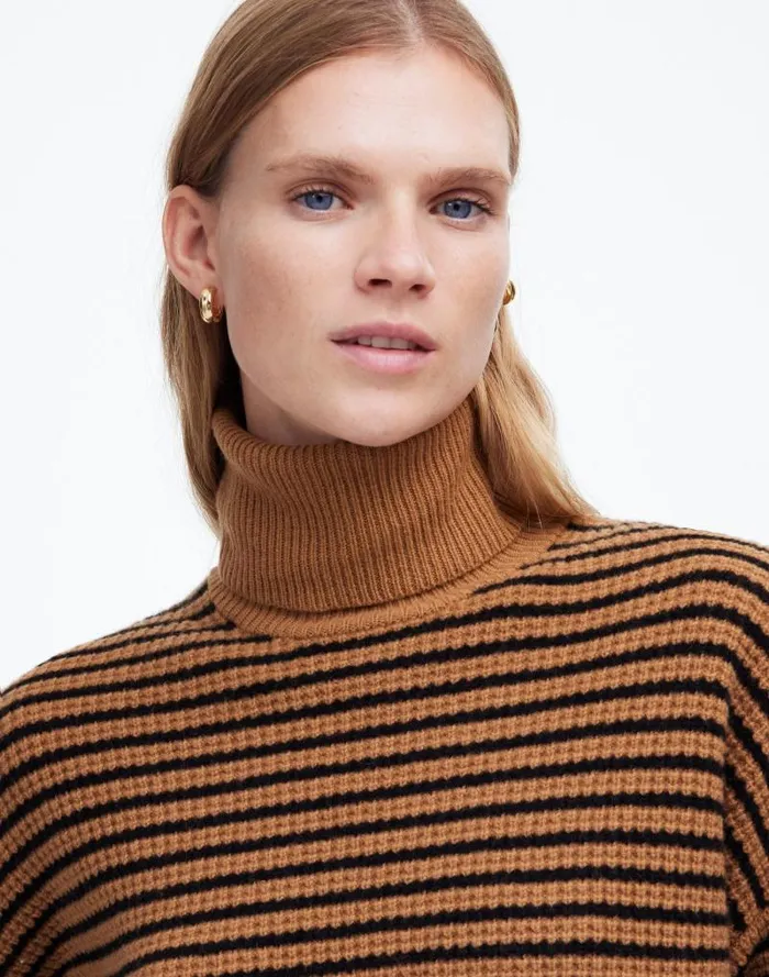 Women Wool WaffleKnit Turtleneck In Stripe Hthr Caramel Stripe Madewell Sweaters
