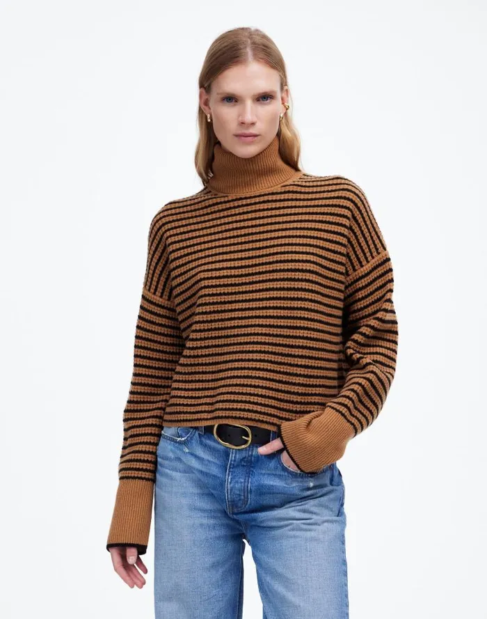 Women Wool WaffleKnit Turtleneck In Stripe Hthr Caramel Stripe Madewell Sweaters