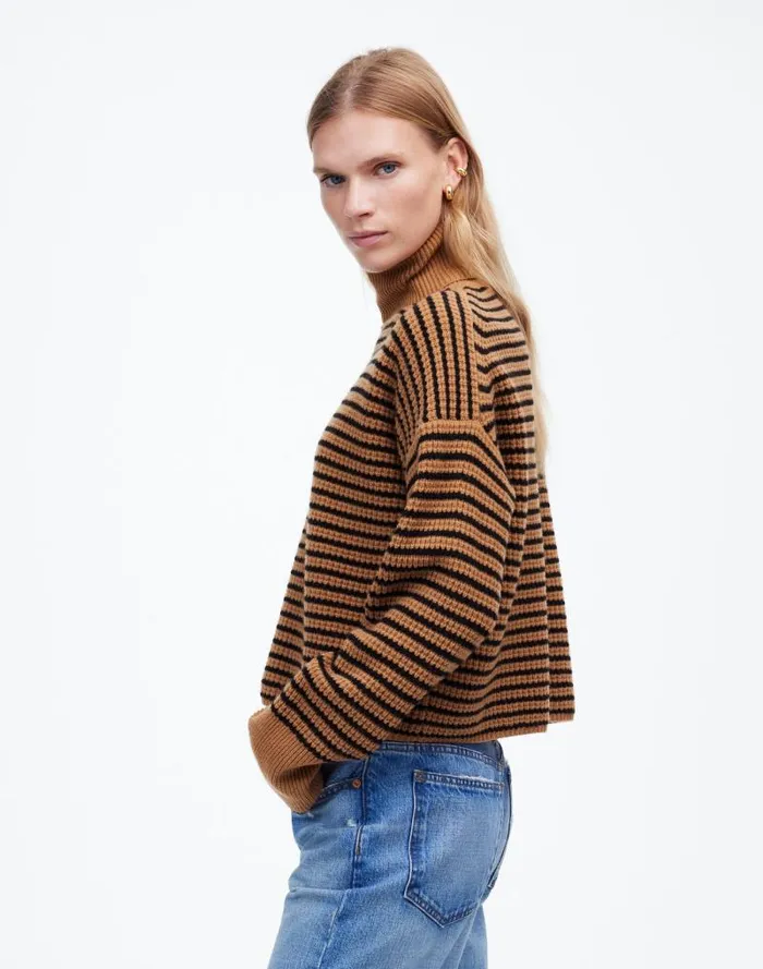 Women Wool WaffleKnit Turtleneck In Stripe Hthr Caramel Stripe Madewell Sweaters