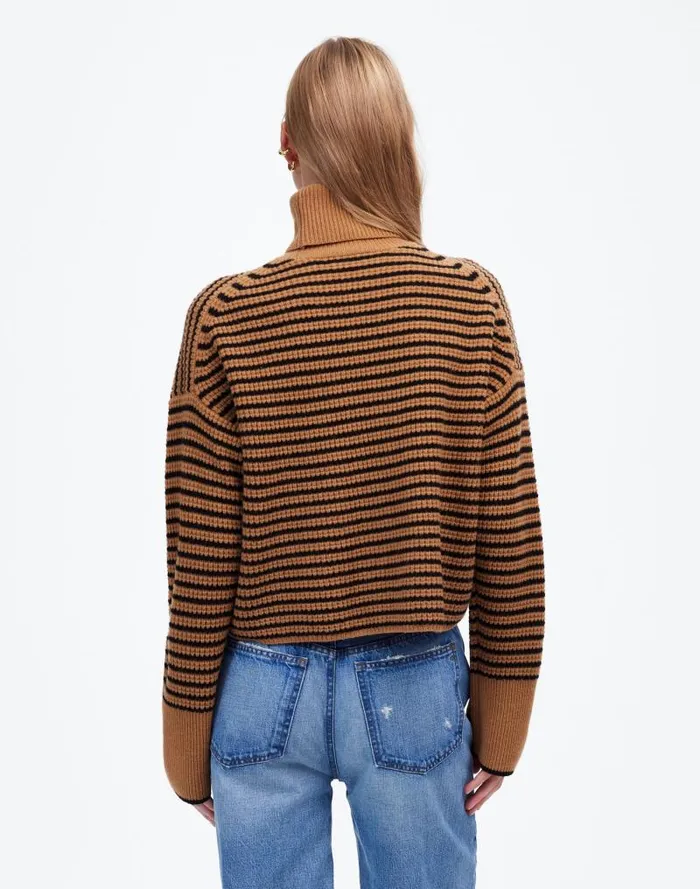 Women Wool WaffleKnit Turtleneck In Stripe Hthr Caramel Stripe Madewell Sweaters