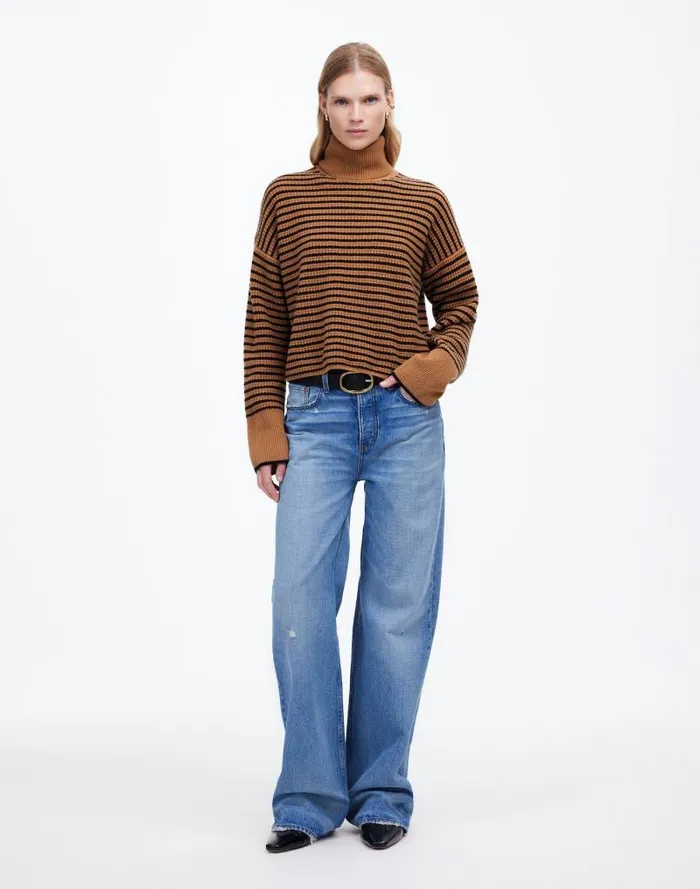 Women Wool WaffleKnit Turtleneck In Stripe Hthr Caramel Stripe Madewell Sweaters