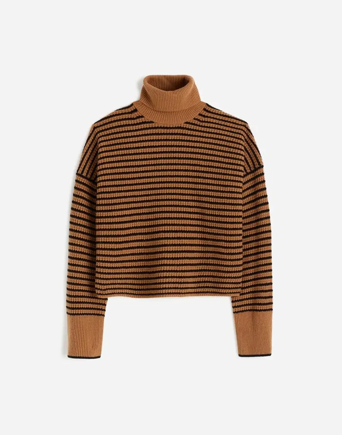 Women Wool WaffleKnit Turtleneck In Stripe Hthr Caramel Stripe Madewell Sweaters