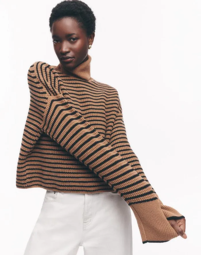 Women Wool WaffleKnit Turtleneck In Stripe Hthr Caramel Stripe Madewell Sweaters